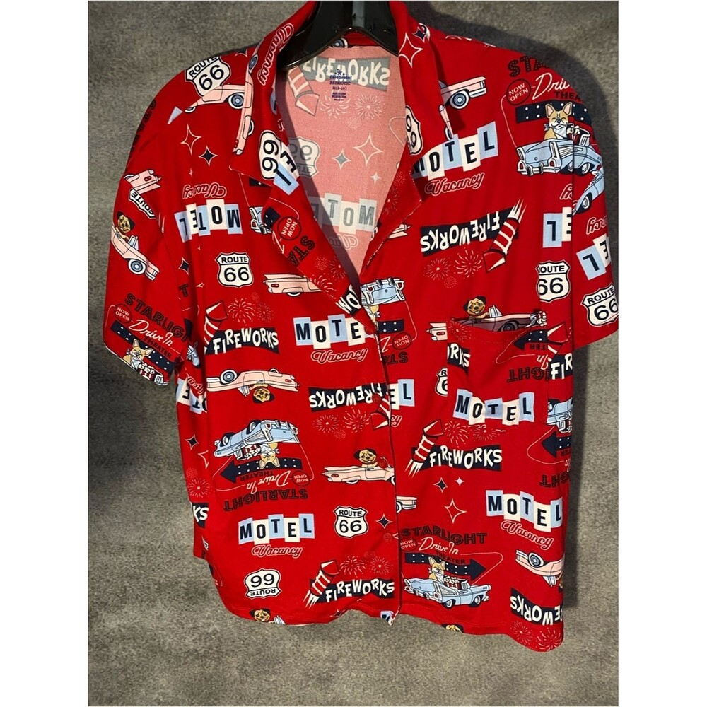 Way to Celebrate Womens Patriotic Pajama Top Medium 8-10 Red Route 66 Fireworks